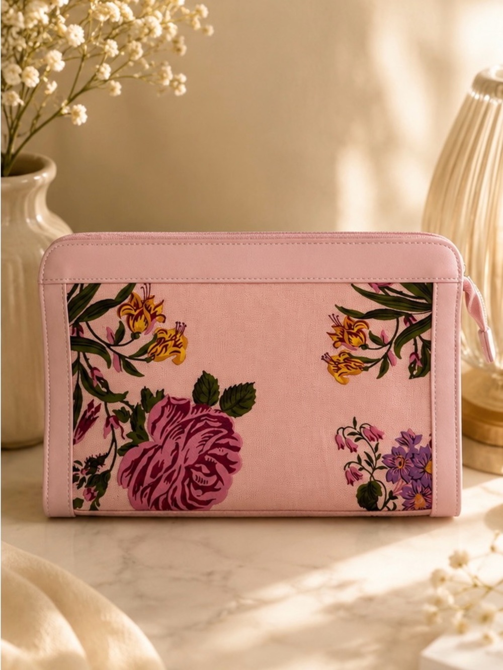 Pink Floral Zip Pouch with Gold Logo - Picture 2 of 2
